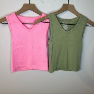 Art Class Girl’s Ribbed V-Neck Tank Tops in Pink and Green, Size Large (10/12)
